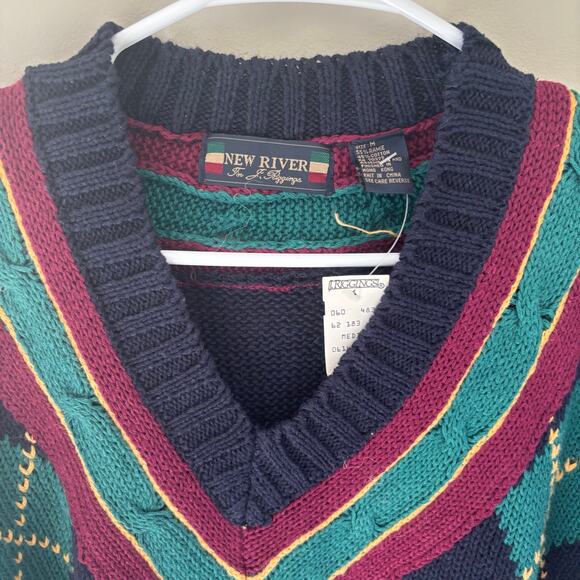 VTG New River for J. Riggings Sweater V-Neck Argyle Heritage Preppy Old Money M - Picture 2 of 8